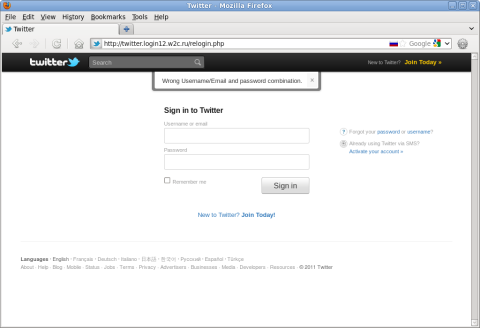 Screenshot of fake Twitter login page